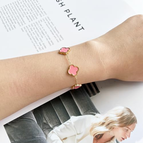 Image of AIPPK 18K Gold Plated Clover Lucky Bracelet for Women White /Black /Red /Green Flower Four Leaf Link Bracelets Trendy Jewelry Gifts for Women