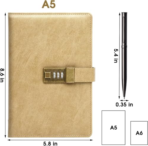 Image of Diary with Lock, A5 PU Leather Journal with lock, 240 Pages, Vintage Lock Journal with Pen & Gift Box, Lockable Diary for Women and Men, 8.6 x 5.8 Inches (Golden)