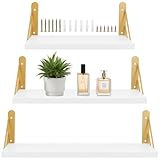 UNGFEI Set Of 3 White Floating Shelves with 6 Gold Brackets, 42cm, 36cm, 29cm Shelves for Wall with 12 Screws, Wall Mounted Bookshelf for Home, Office, 3 Size