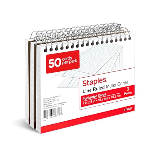 Staples Index Cards, 4' x 6', Lined, White, Acid‑Free, Micro‑Perforated, 150 Cards – Tear‑Off Ruled Cards for Notes & Projects