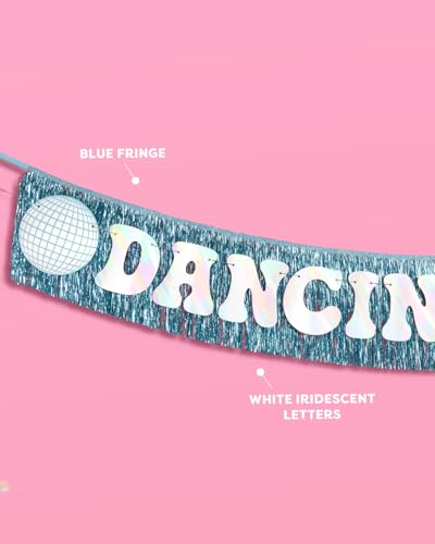 Image of xo, Fetti Dancing Queen Fringe Banner - Iridescent & Blue Fringe, 5 Ft. | Disco Bachelorette Decorations, 70s Backdrop, Groovy Birthday Party, Boogie Bach Backdrop