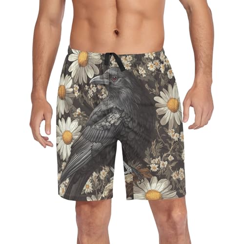 Men's Short Pajama Bottoms Crow Bird Floral Daisy Home Casual Sleep Pants4