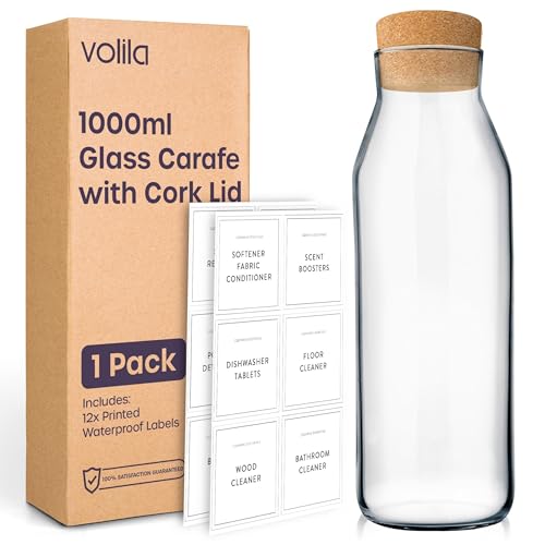 1L Water Carafe - 1 Pack Glass Carafe with Lid for Cold Drink, Milk, and Juice Jars - Versatile Glass Bottles for Detergent Storage