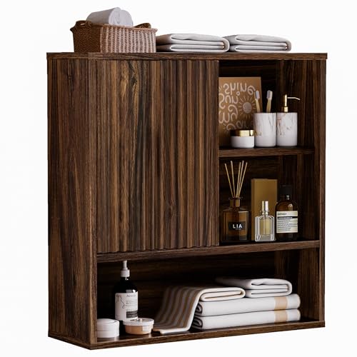 FerniTry Farmhouse Bathroom Wall Cabinet Fluted,Medicine Cabinet Over The Toilet Storage Cabinet with Adjustable Shelf, Wood Wall Mounted Storage Cabinet Organizer 23.2' Wx24 Hx7.6 D（Dark Walnut）