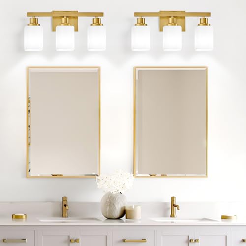 Image of Bathroom Vanity Light,3-Light Gold Modern Bathroom Light Fixtures with Square Frosted Glass,Gold Wall Lamp Sconces for Mirror Bedroom,Living Room Hallway, E26