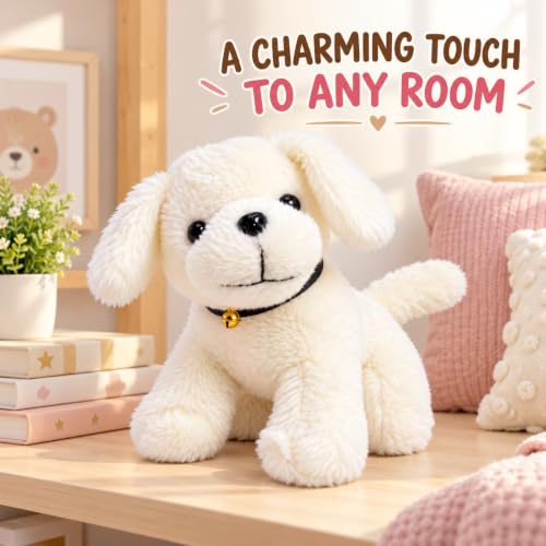 Image of ADORA White Puppy Soft Toy with Black Collar and Golden Bell, Cute Fluffy Stuffed Dog Plush for Kids, Cuddly Animal Toy for Birthday Gifts, Nursery Decor and Playtime