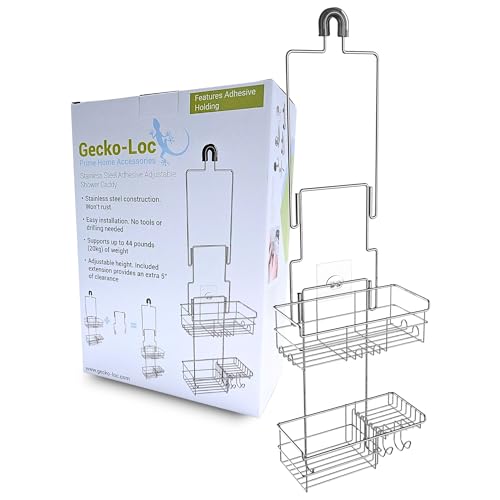 Gecko-Loc Extra-Long Adjustable Over-the-Showerhead Shower Caddy Rustproof Stainless Steel Organizer with Suction Stabilizer Deep Basket & Hooks No-Drill Tool-Free Installation (Silver)