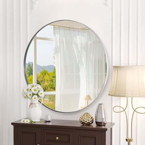 Image of ANDY STAR Round Bathroom Mirror, 24'' Polished Chrome Round Bathroom Mirrors in Stainless Steel Metal Frame 1 inch Deep Set Design 7