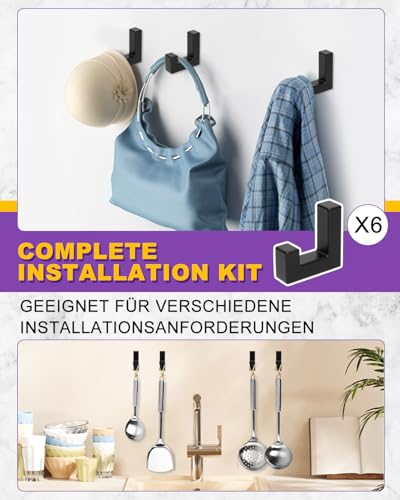 Haliya Kleiderhaken aus Zinklegierung, Garderobenhaken Schwarz, Kleiderhaken Akustikpaneele, Rostbeständig, Langlebig, Wandhaken, Tetris Garderobenhaken, Einfache Wandmontage, 6 Stück