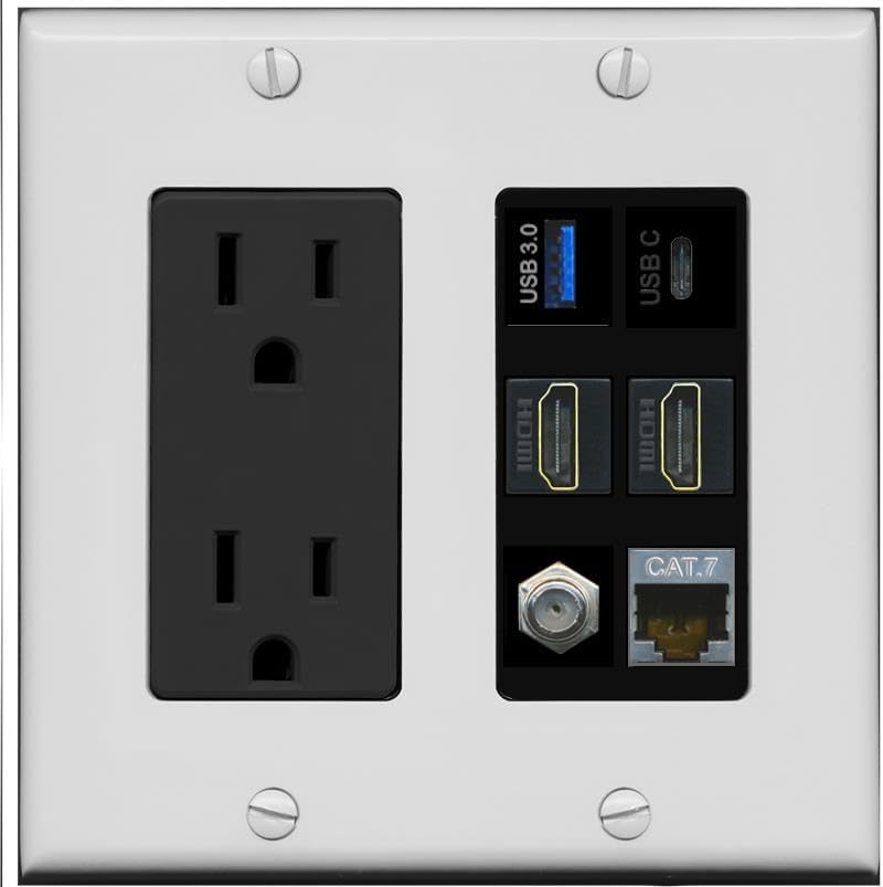 RiteAV USB 3 USB C 2 HDMI Coax Cat7 Wall Plate - Outlet [Wood/White]