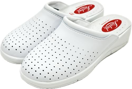Zuecos sanitarios profesionales, piel blanca perforada, cómodos y ligeros, Color blanco., 40 EU