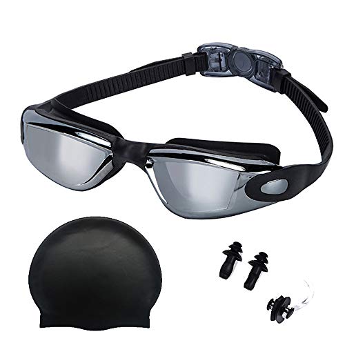 Paramount City Paracity 4 pcs Kit Natation Cap gratuit Pince-nez Bouchons d'oreille Lot de fuite n'en silicone étanche anti-buée protection UV Lunettes de natation, Noir