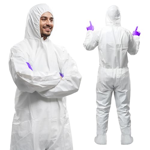 AMZ Medical Supply White Disposable Coveralls with Hood & Boots, Small. Pack of 5 Microporous Lab Coveralls for Men & Women. 60 GSM Painters Suit Disposable with Elastic Wrist, Lower Back, Zipper