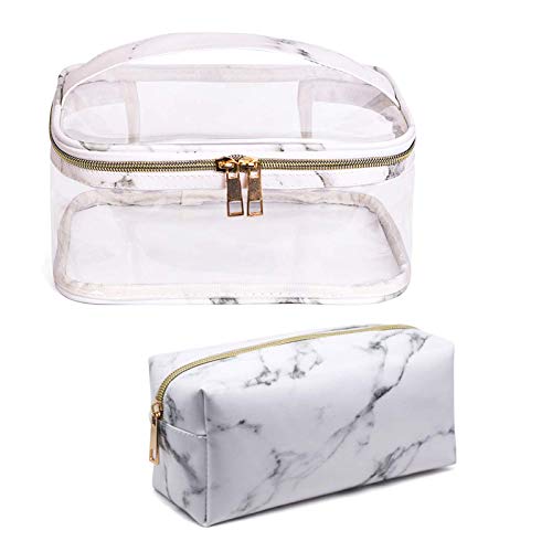 2 Pieces Clear Makeup Bag Organizer Marble Large Toiletry Bag Waterproof Transparent Travel Portable PVC Cosmetic Pouch With Handle Gold Zipper Storage Case for Women,White