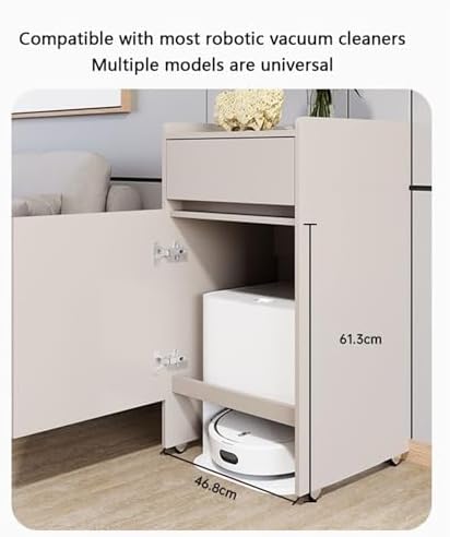 Mobile Sweeper Robot Storage Cabinet with Wheels - Narrow Corner Stand for Robot Vacuum, Freestanding Wood Rack, Space-Saver Shelf for Home & Office (White)