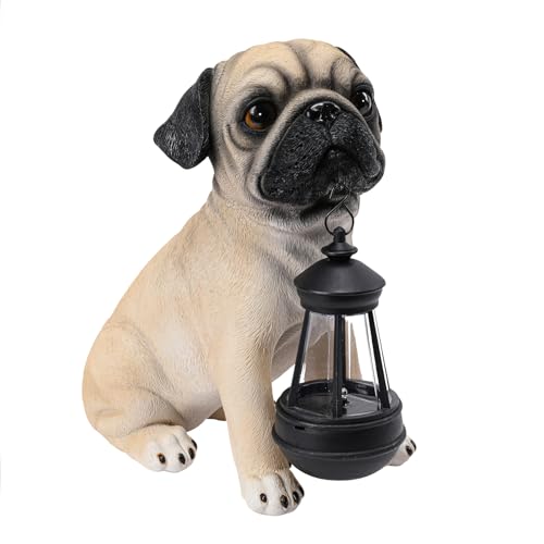Afirst Solar Dog Garden Statue with Solar Lantern Outdoor Garden Pug Statues Figurines Lights Decorations for Patio Balcony Yard Ornament Outdoor Decor Gift