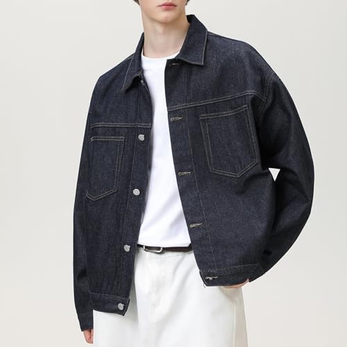 Mens Jacket Raw Denim Work with Exposed Stitching Trendy Street Lapel Coat - image 2