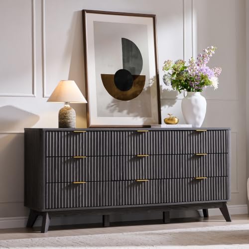 Image of T4TREAM 63 inch Wide Fluted 9 Drawer Dresser for Bedroom, Dark Alder