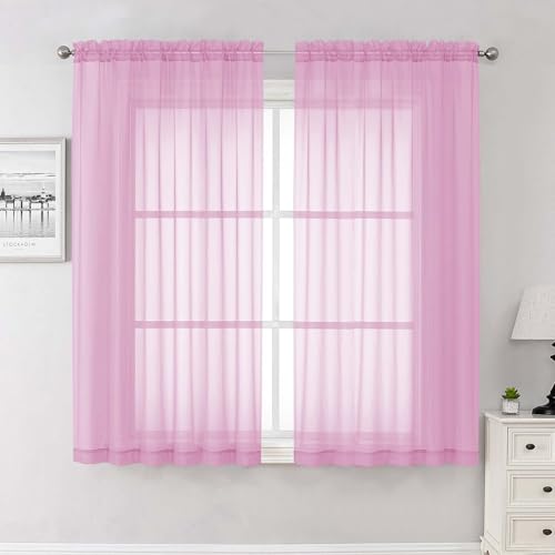 Lecloud Light Pink Sheer Curtains 63 Inch Length 2 Pcs, Dual Rod Pockets Light Filtering Window Curtains for Bedroom, Farmhouse Voile Solid Drapes for Living Room Bathroom, Each Panel 59" W x 63" L