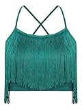 Nyeemya Camiseta de Danza Latina para Mujer con Borlas Top de Danza Discoteca con Tirantes Club Bar Carnaval M-XL Verde Azulado XL