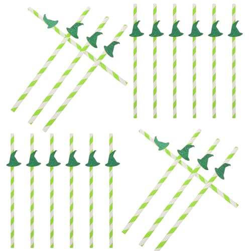 Pitillos de papel verde con diseño de sombrero de bruja Halloween miniatura 1