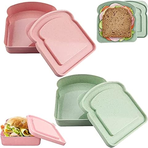NADUSEP Sandwich Containers, 2 Pcs Sandwich Box Food Storage Toast Shape Holder Plastic for Lunch, Sandwich Keeper for Adults Prep Microwave (Pink Green) Cover