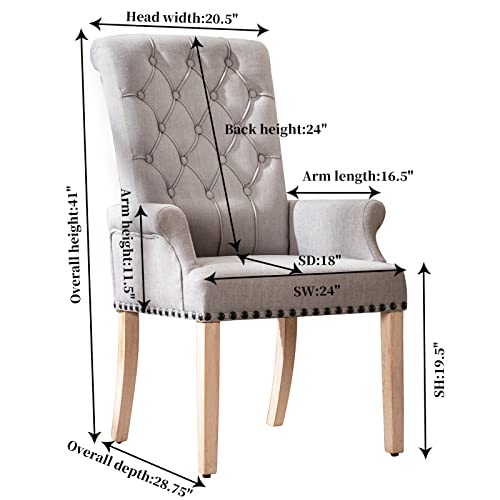 Restworld Fabric Arm Dining Chair,Tufted Upholstered High Back Nailed Trim With Untique Oak Wood Legs For Kitchen Restaurant Room Bedroom (Light Grey) #TOP2
