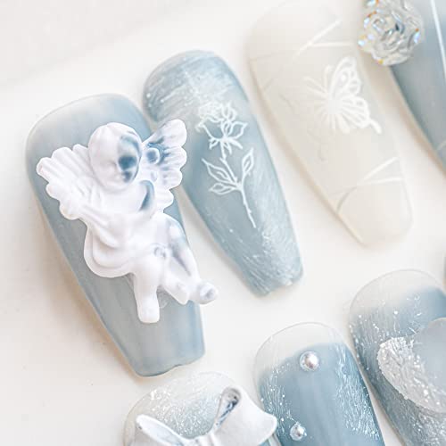 Sun&Beam Nails Handmade Press On Nail Coffin Ballerina 3D Accessories Blue Acrylic Fake Tip Design Art Charms Cute with Storage Box 10 Pcs (L) - Image 3