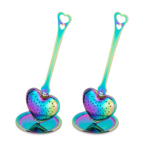 Heart Shaped Rainbow Stainless Steel Tea Strainer Infuser - Set Of 2 + 2 Drip Trays Tea For Two For Leaf Tea & Herbs Great Gift Idea #TOP4