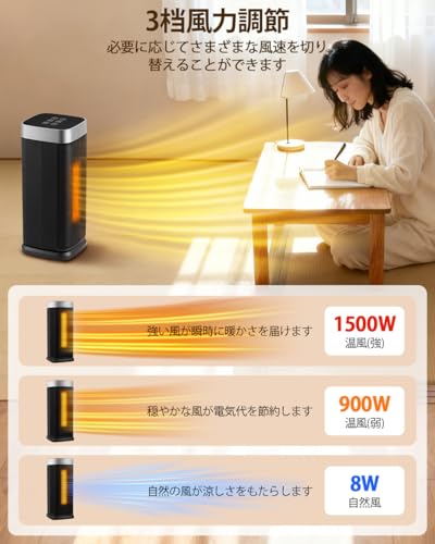 セラミックヒーター 【2025新モデル・節電対策・1秒速暖】 ヒーター 1500W 70°首振り ECO省エネ 静音 12時間タイマー 転倒オフ 自動停止 チャイルドロック 過熱保護 リモコン付き 電気ファンヒーター 暖房器具 寝室/更衣室/オフィス/リビング/洗面所向け
