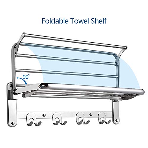 Hoonex Foldable Towel Rack For Bathroom Wall Mounted, 24 Inch Towel Shelf With Towel Hooks And Adjustable Towel Bar, 304 Stainless Towel Holder, Polished Silver #TOP2