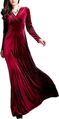 Robe vintage en velours bordeaux col en V pour soirée élégante en automne