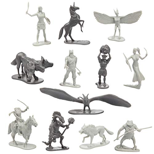 Fantasy Creatures Mini Action Figure Playset - 56Pc Toy Monster Miniatures W 12 Difft Sculpts - Large Direwolfs, Cyclops, Winged Dragon Phoenixes & More - 1/32Nd Scale Dungeon Paintable Accessories #TOP1