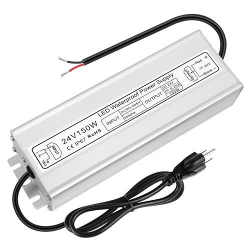 Image of LED Driver 150W 24V Power Supply, IP67 Waterproof Low Voltage Transformer, AC 80-265V to DC 24V 6.25A Converter with 3-Prong Plug 3.3 Feet Cable for Outdoor LED Lights, Industrial, Computer