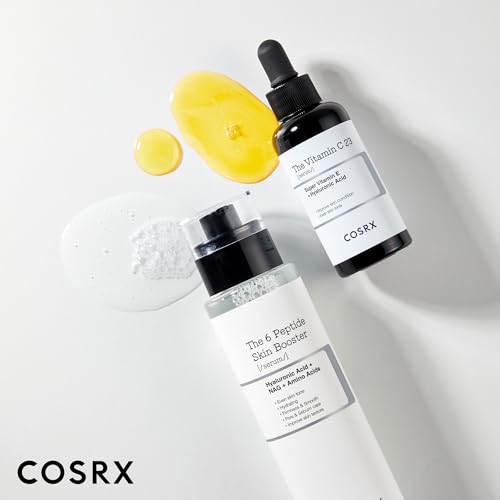 Illustration of the COSRX routine: Cleansing, Peptide Booster, Vitamin C 23% Serum, Moisturizer