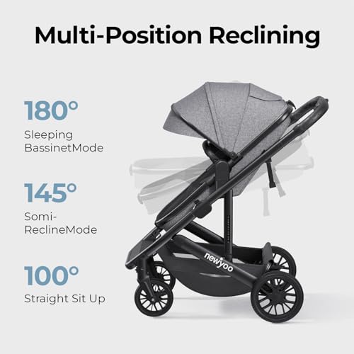 newyoo Bassinet Stroller for Baby, Nestro 516M, Convertible Infant Strollers w Reversible Seat & Cup Holder, 2-in-1 Rear-Facing Pram from Newborn to Toddler, One-Hand Easy Fold, Grey - Thumbnail 4