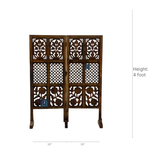 Image of Wooden Room Partition Screen with Burnt Wood Finish | Hand Buffed Traditional Handicraft Room Divider | 6 Ft Height Indoor Room Separator (2 Panel 4 Feet with Stands)
