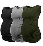 Smallshow Women's Maternity Tank Tops Sleeveless Ruched Pregnancy Clothes Army Green-Black-Light Grey Medium 3-Pack
