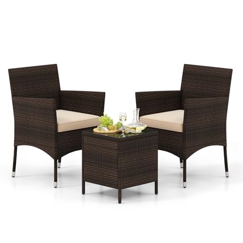 RELAX4LIFE 3 Pieces Patio Rattan Bistro Set, Outdoor Wicker Conversation Furniture Set with Cushions...