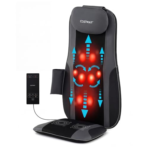 COSTWAY Coussin de Massage Shiatsu avec Chauffage, Masseur de Dos pour Chaise avec 4 Nœuds de Pétrissage 2 Moteurs Vibrants pour Soulagement des Douleurs...