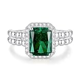 Tolldek Anillos de amistad de oro blanco 585 de 14 quilates, clásicos anillos de pareja con laboratorio creados en esmeralda, verde esmeralda, talla 48 (15,3)