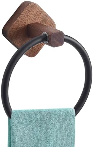 Walnut Towel Ring Wall Mounted Hand Towel Holder No Drill Design Round Bath Towel Hanger Elegant White Base Space Saving Accessory
