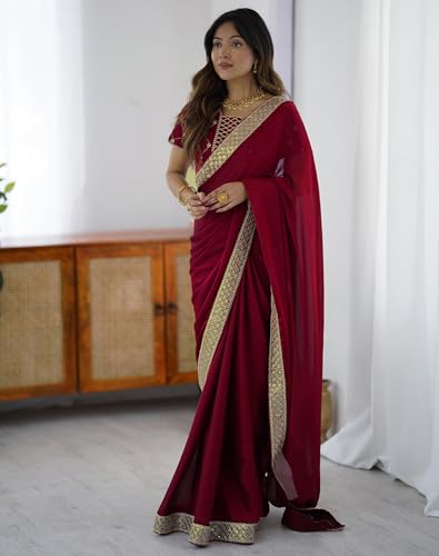 Image of SIRIL Women's Chiffon Sequence Embroidery Lace Saree with Unstitched Blouse Piece