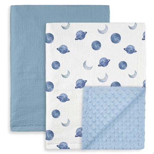 Image of GLLQUEN BABY Blankets for Unisex Boys Girls, 2-Pack Muslin Cotton Front Soft and Breathable, and Dotted Fleece Backing, Printed Bed Nursery Minky Blankets for Toddler Newborn, Space, 30 x 40 inches