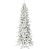 Fraser Hill Farm 7.5-Ft. Slim Mountain Pine Flocked Artificial Christmas Tree with Warm White LED Lights and Stand, Prelit Foldable Fake Tree with Realistic Snowy Foliage for Home Decoration