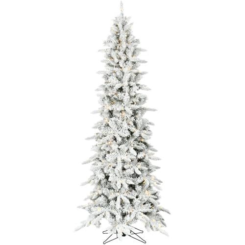 Fraser Hill Farm 7.5-Ft. Slim Mountain Pine Flocked Artificial Christmas Tree with Warm White LED Lights and Stand, Prelit Foldable Fake Tree with Realistic Snowy Foliage for Home Decoration