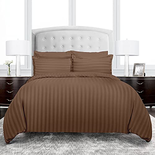TW Premier Hotel Duvet Cover Stripe 240x260cm King Size 6 Pcs Set, 1 Duvet Cover 260x240cm (Without Filling), 1 Fitted Sheet 200x200+30cm, 2 Pillow Cases 50x75+5cm, 2 Pillow Cases 50x75cm (Coffee)