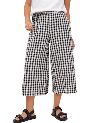 Flygo Women’s Wide Leg Gingham Capri Pants Cotton Elastic Waisted Plaid Palazzo Bottoms Flowy Trousers with Pockets