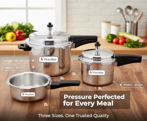 Image of Prestlee Aluminium 2, 3, 5 Litres Pressure Cooker | Outer Lid | Faster & Healthy Cooking | Gas Stove Compatible | ISI Certified | 5 Years Manufacturer's Warranty | Silver