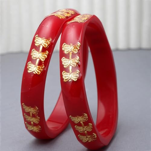 Set Of 2 Gold-Plated Bangles with Green Flower Engraving